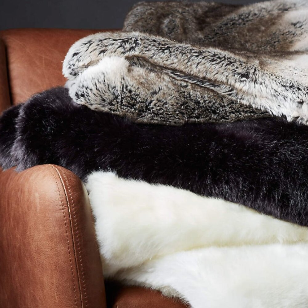 CB2 Faux Fur Throw Blanket in Light Gray